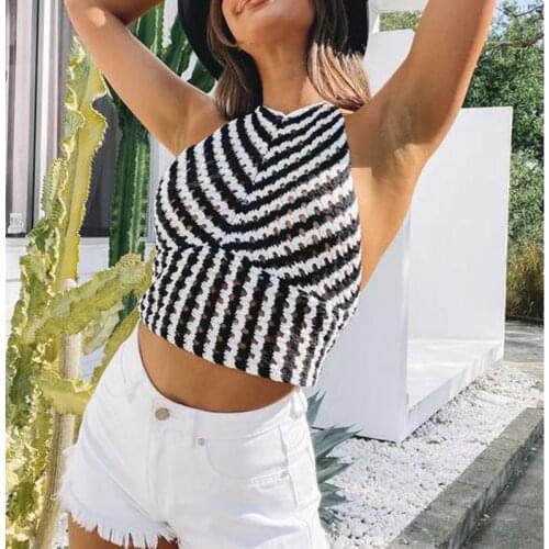 Puloru New Women Halter Knitted Crop Tops Sexy Sleeveless Backless Crochet Hollow Out Tank Tops Streetwear Summer Striped Vest