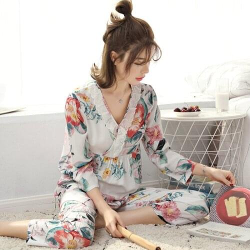Spring and Summer Cotton Silk Pajamas V-neck Watermelon Print Fresh Long-sleeved Trousers Plus Size Home Service Two-piece Suit