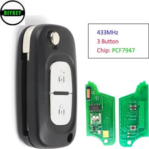 DIYKEY Flip Remote Key 2 Button Key Case Replacement 433MHz PCF7947 Chip for Renault Clio 3, Kangoo, Master 2006-2016