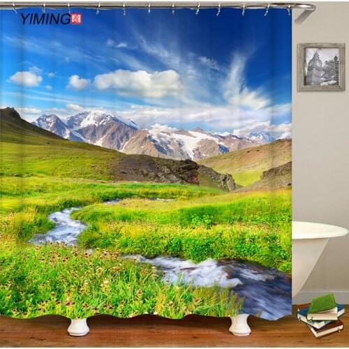 Home Decoration Curtain Polyester Waterproof Bathroom Shower Curtain Natural Grassland Snow Mountain Scenery Printed Curtain