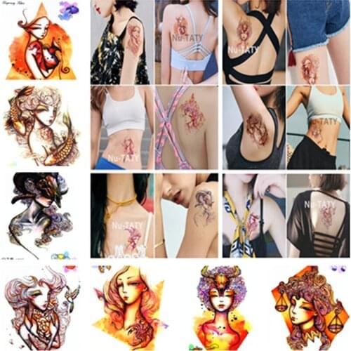 Nu-TATY Waterproof Temporary Sticker New Designs 12 Zodiac Scorpio Sagittarius Aries Female Head Body Art Tattoo stickers