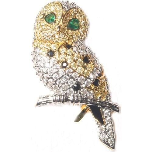 45x18mm Womens High Quality Cubic Zirconia 24 K Gold Plated Owl Brooch Pin - Bird CZ Brooch Animal Jewelry