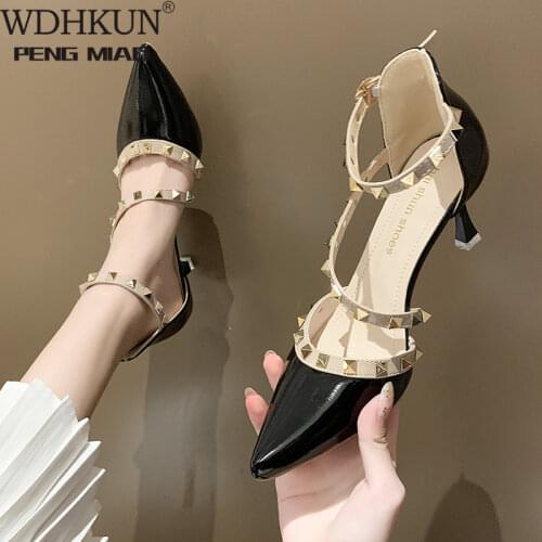 Womens Shoes Summer Sandals Pointed High-heeled Stiletto Patent Leather Rivet Single Shoes Was Thin Buckle Womens Shoes