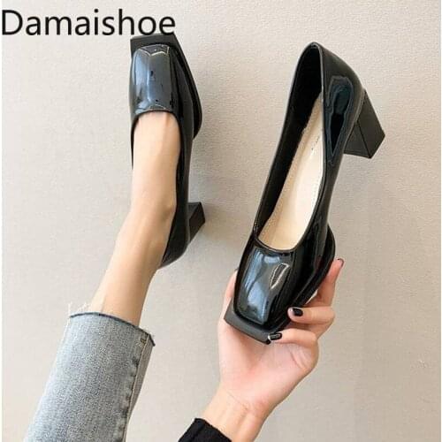 Womens Shoes 2021 New Four Seasons Comfortable Low-Cut All-Matching Chunky Heel Fairy Style High Heel Square Toe Slip-on Pumps