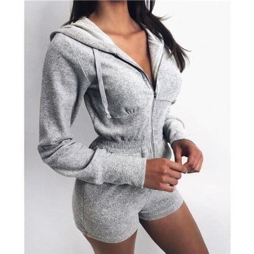 Women Fashion Playsuit Full Sleeve Rompers Female Elastic Skinny Bodysuits Sports Hooded Playsuits Jumpsuit