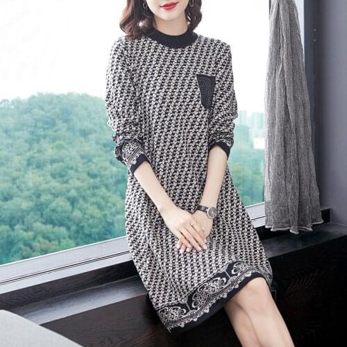 Womens Autumn Winter Long Sweater Dress 2021 New Jacquard Print O-Neck Long Sleeve Loose Pullovers Knit Dresses Female Vestidos