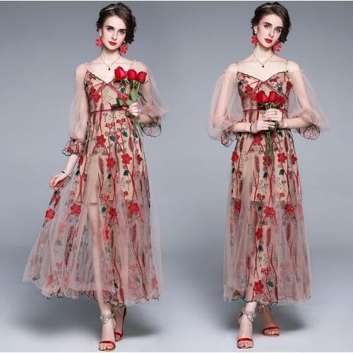 Women Sexy Off Shoulder Spaghetti Strap Puff Sleeve Stitching Tulle Mesh Maxi Vestidos High-end Embroidery Flower Dress 6713