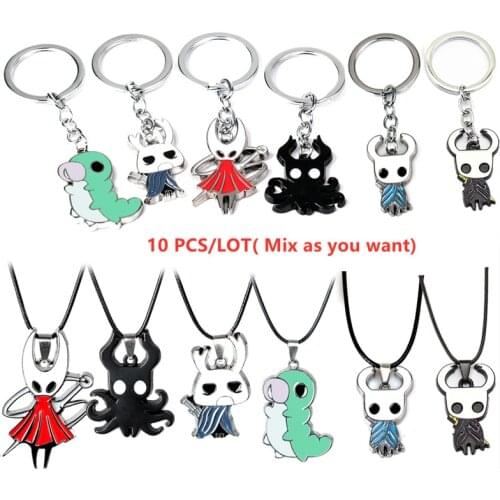 10 PCS/LOT Gmae Hollow Knight Alloy Keychain Necklace Model Doll Pendant Kry Ring Toy Doll Pins wholesale