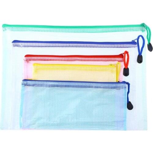 5pcs File Pockets PVC Plastic Grid Zipper File Bags Documents Organizer Pouch (A4 + B5 + A5 + A6 + B6, Mixed Colors)