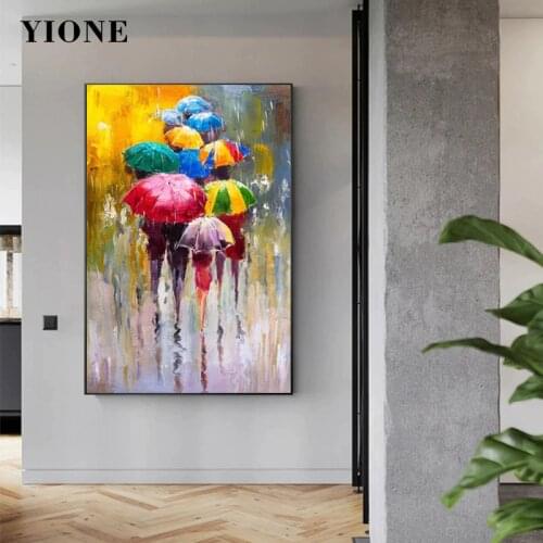 Abstract Colorful Canvas Oil Painting Wall Art Landscape People Umbrella Rain Scene Picture Prints Poster Decoration for Bedroom