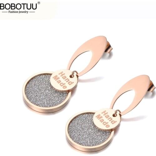 BOBOTUU Trendy Bohemia Stainless Steel Hand Made Geometry Stud Earrings For Women Girls Rose Gold Scrub Bohemia Earrings BE19187