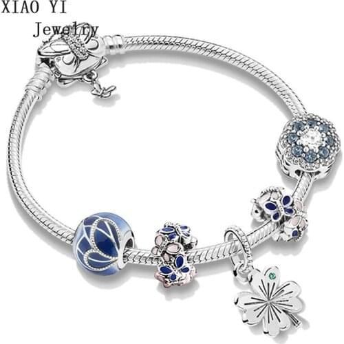 XIAOYI 100% s925 New 2019 Spring ZT0257 Blue Butterfly Wing Four-leaf Clover Bracelet Exquisite Gift