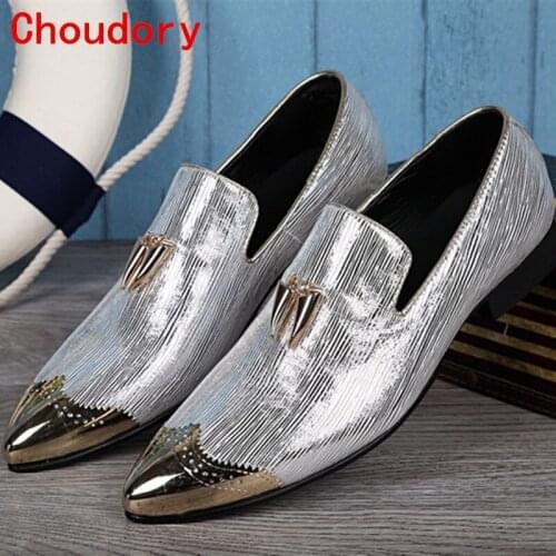 Choudory 2017 Italian Shoes Men Leather Spiked Heels Wedding Dress Shoes Gold Silver Mens Luxury Loafers