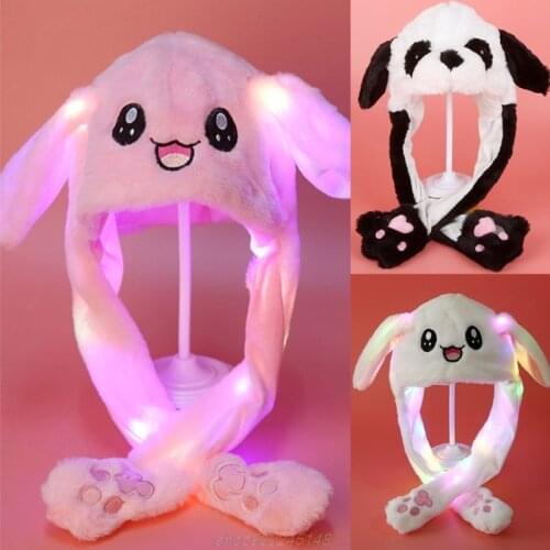 Adult Kids Light Up Plush Animal Hat with Moving Ears Cartoon Rabbit Bunny Panda LED Glowing Earflap Cap Stuffed F06 21 Dropship