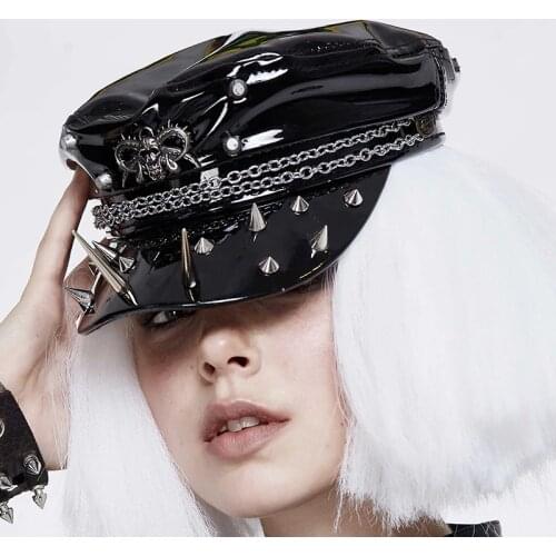 Devil Fashion Womens Punk Bright Pu Hat Rivet Decoration Cool Street Fashion Trend Hip Hop Music Rock Stage Performance Cap