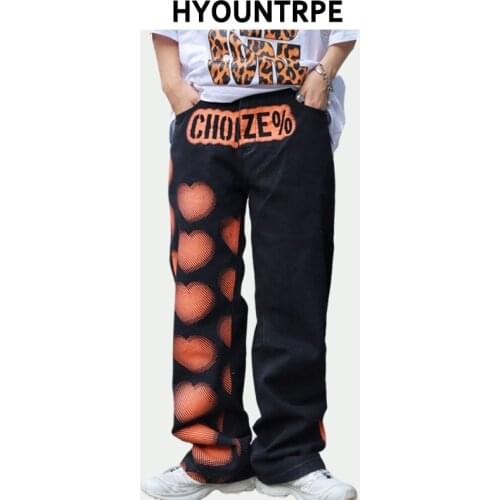 Hip Hop Harajuku Graffiti Straight Denim Jeans Pants New Casual Loose Elastic Waist Trousers Streetwear Joggers for Mens Jeans