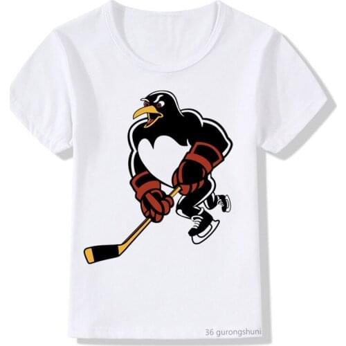 Funny Penguin Playing Hockey Cartoon T-shirt Print Graphic T Shirt Kids Summer Fashion Casual Tops for Boys and Girls