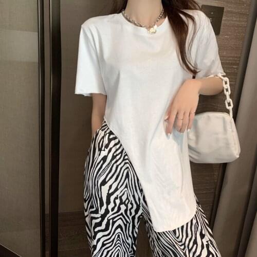 T shirt Summer Spring 2021 New Korean irregular Round Neck Short Sleeve t-shirt + Zebra Casual Pants Wide Leg Pants 2206J