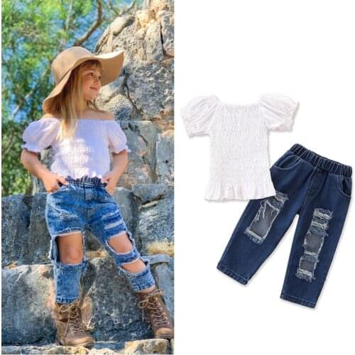 FOCUSNORM 2pcs Summer Fashion Girls Clothes Sets 1-6Y Solid Puff Sleeve Ruffles T Shirts Tops Denim Hole Pants