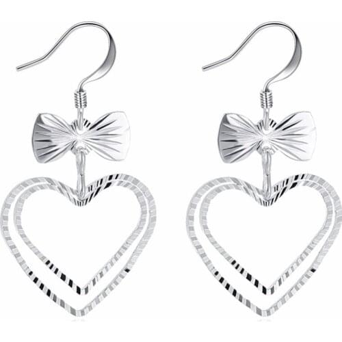 July best-selling style bowknot jewelry double heart-shaped earrings 925 sterling silver jewelry romantic wedding