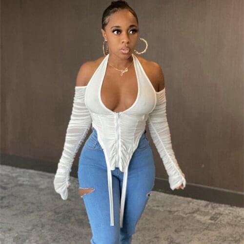 Patchwork Mesh Off Shoulder Crop Top Women Long Sleeve Shirt Korean Fashion Clothing White Sexy Blouse Women Tops and Blouses