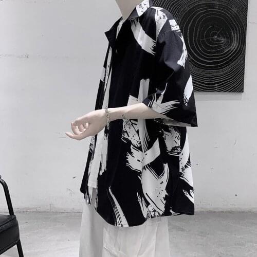 Mens shirt summer 2021 new Hong Kong style handsome print short-sleeve Oversized shirts high street casual shirts for men