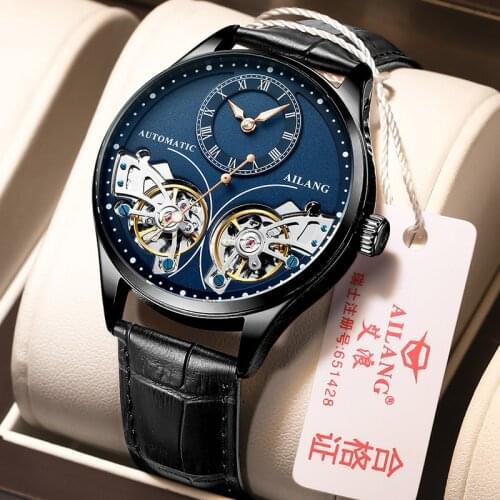 AILANG Mens Watch Full Automatic Black Dial Metal Stainless Steel Double Tourbillon Sports Waterproof Formal Atmosphere Watch