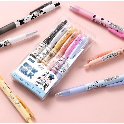 6pcs/set Cute Cow Milk Gel Pen Set Cartoon Click Type 0.5mm Roller Ball Black ink for Writing Office School Supplies E6120