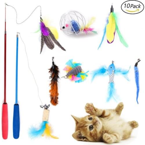 Cat Toys Set Feather Teaser Cat Catcher Retractable Fishing Pole Wand Rod Feather Toy, Great for Kitten Dog Exercising