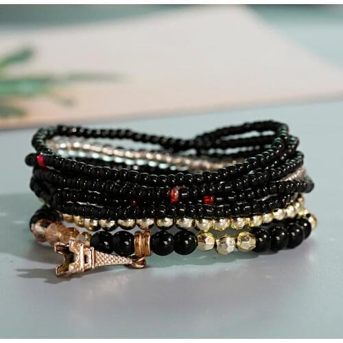 French Fashion bracelet set Natural Stone Turquoises Gold Color Copper Bead Crystal Stone Bracelet Eiffel Tower Pendant Jewelry