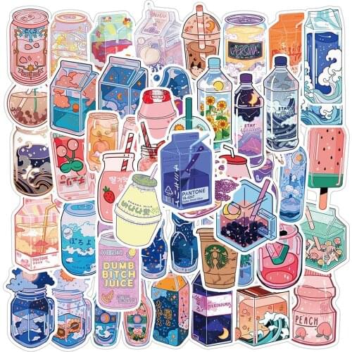 50PCS Summer Cute Flavored Drink Stickers PVC Kawaii Cartoon Beverage Decal sticker For Girl DIY Laptop Stationery Water Bottle