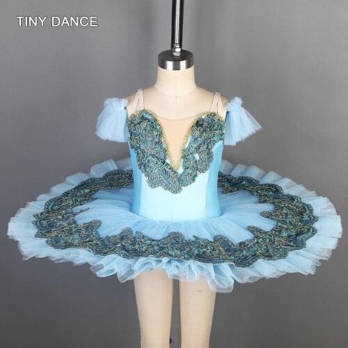 New Design of Ballet Dance Tutu Costume Sky Blue Spandex Bodice with Pleated Tulle Pancake Tutu Dress Performance Costume BLL113