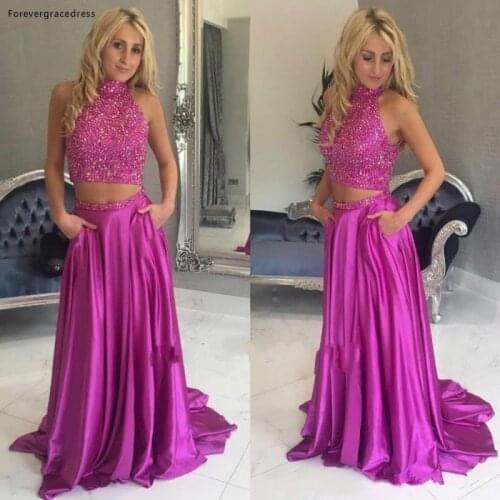 Fuchsia Two Pieces Prom Dress With Pockets High Quality A-line High Neck Fitted Sweep Train Party Gown Custom Made