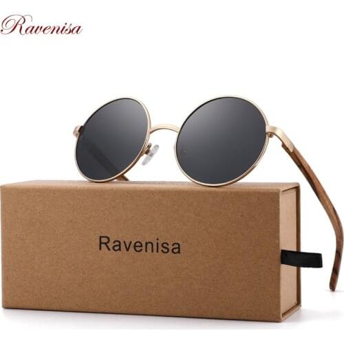 2020 Ravenisa Retro Round Wooden Sunglasses With Polarized Wood Sun Glasses For Men Women Blue Mirror Goggle Vintage Eyewear