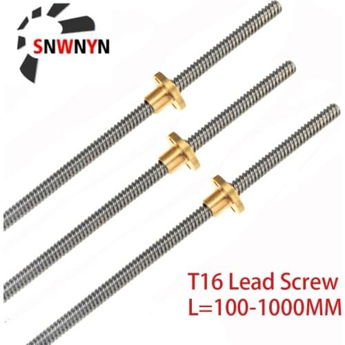 T16 Lead Screw 100mm 150 200 250 300 350 400 450 500 600 1000mm Picth 4mm Lead 4mm Trapezoidal Screw With Brass Nut