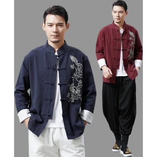 Chinese Traditional clothes embroidered dragon Kung Fu jacket mens cotton linen long sleeve Tang suit