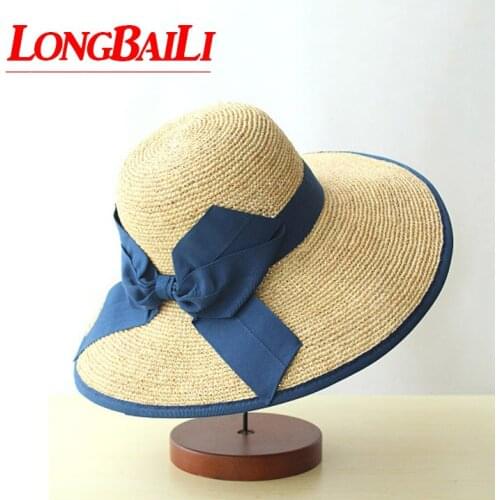 High Quality 59cm Big Headsize Raffia Straw Floppy Hats For Women Large Brim Bow Sun Beach Caps Free Shipping SWDS004