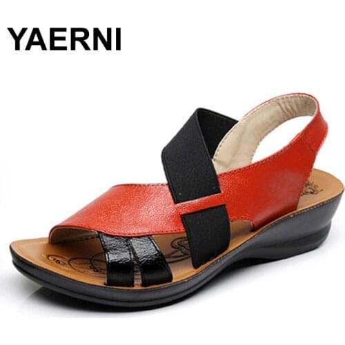 YAERNI Summer New Woman Soft bottom middle-aged Sandals Fashion comfortable mother sandals leather large size womens shoes 40