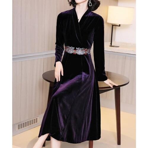 2020 Autumn 4XL Plus Size Gold Velvet Midi Dresses Winter Solid Vintage Long Sleeve Dresses Women Elegant Bodycon Party Vestidos