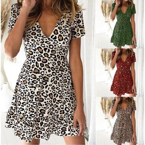 Women Mini Leopard Dress Summer Print Ruffles Short Sleeve V neck Evening Party Sweet Beach Dress Summer Style