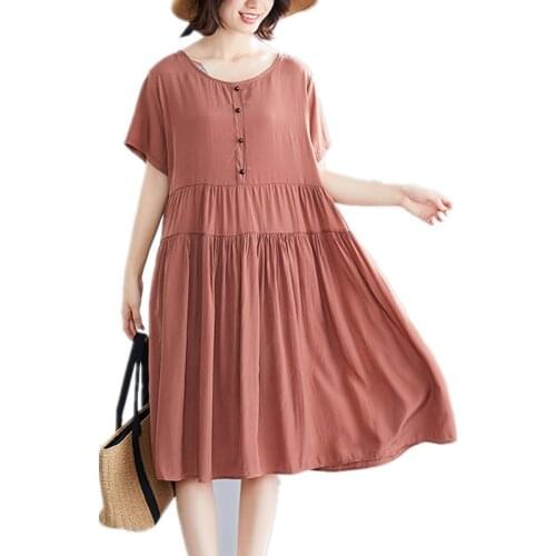2021 New Arrival Short Sleeve Loose Summer Dress Solid Color Patchwork Button Holiday Beach Style Travel Casual Women Midi Dress