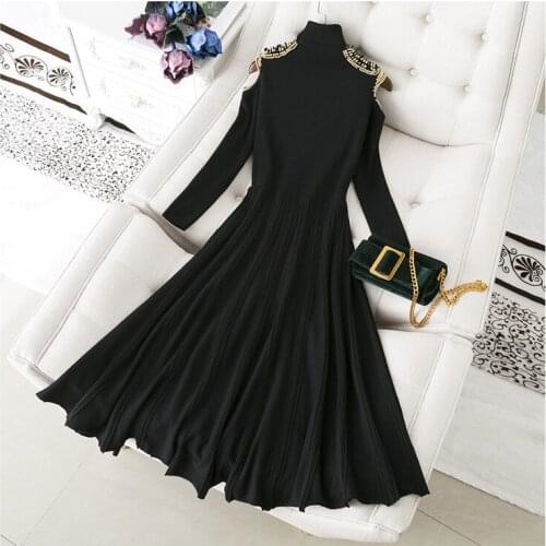 2020 autumn new womens turtleneck long sleeve knitted off shoulder beading rhinestone patched high waist big expansion dress