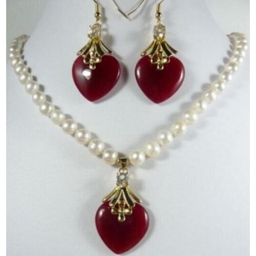 Free Shipping charm 7-8mm white pearl necklace 17"& blue jade heart jades earring pendant