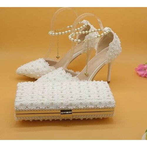 White Lace Flower Bride Wedding Shoes Pointed Toe Sandals Ankle Strap Thin Heel Ladies Party Dress Shoes And Bag