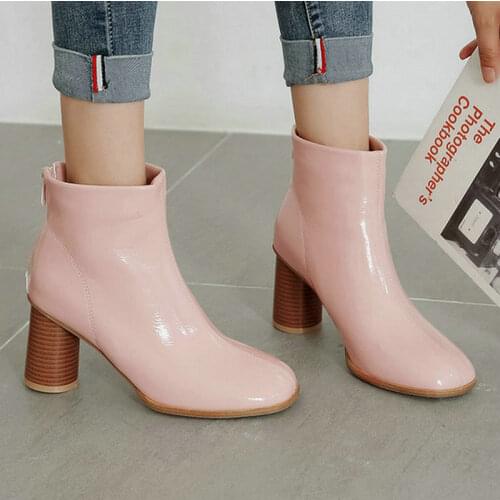 Black Beige Pink Women Ankle Boots PU Leather Round High Heel Ladies Short Boots Zipper Round Toe Womens Boots Plus Size 45