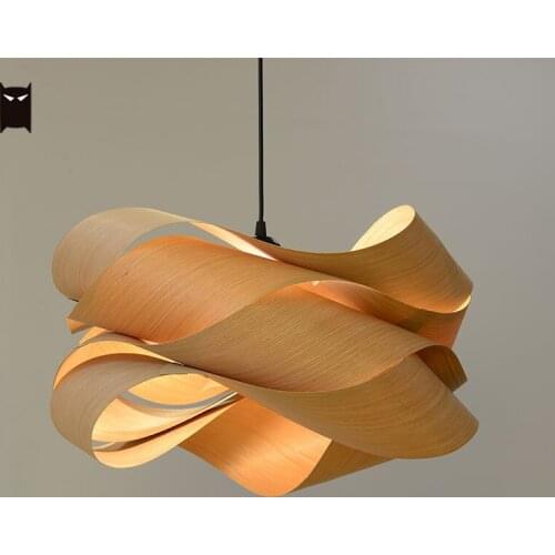 45/60cm Wood Veneer Wave Pendant Lighting Fixture Country Vintage Art Deco Nordic Hanging Ceiling Lamp Living Dining Table Room