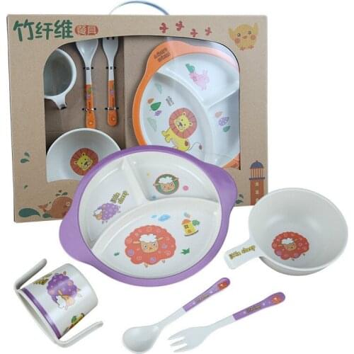 5pcs/set Bamboo Fiber Children Tableware Set Baby Feeding Plates Dishes Bowl With Cup Fork Spoon Cartoon Animal Kids Dinnerware
