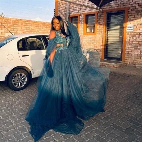 Trend African Teal A-line Long Prom Gowns Sexy See Thru Lace Formal Party Dresses Cap Sleeves Aso Ebi Women Dresses