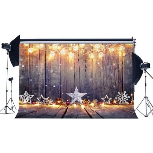 Photography Backdrop Christmas Silver Star Shining Lights Rustic Wood Plank Bokeh Xmas Backdrops