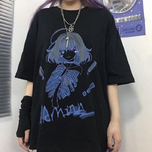 Tshirt Summer Tee Round Neck Oversized shirt Skeleton girl printing street clothes vintage top T Shirts Women Tops Female Loose